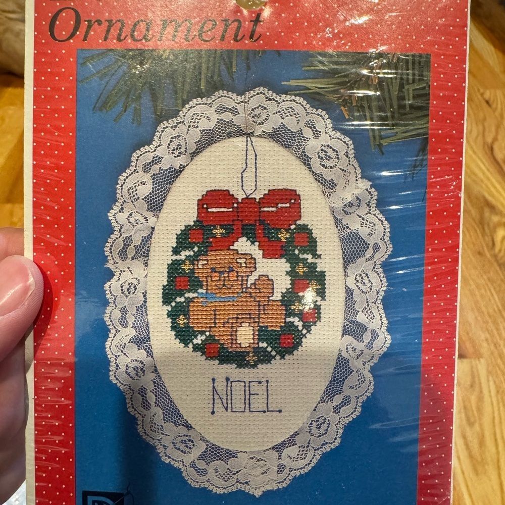 New Brand Noel Teddy Bear Wreath Cross-Stitch Christmas Ornament - Red & Green